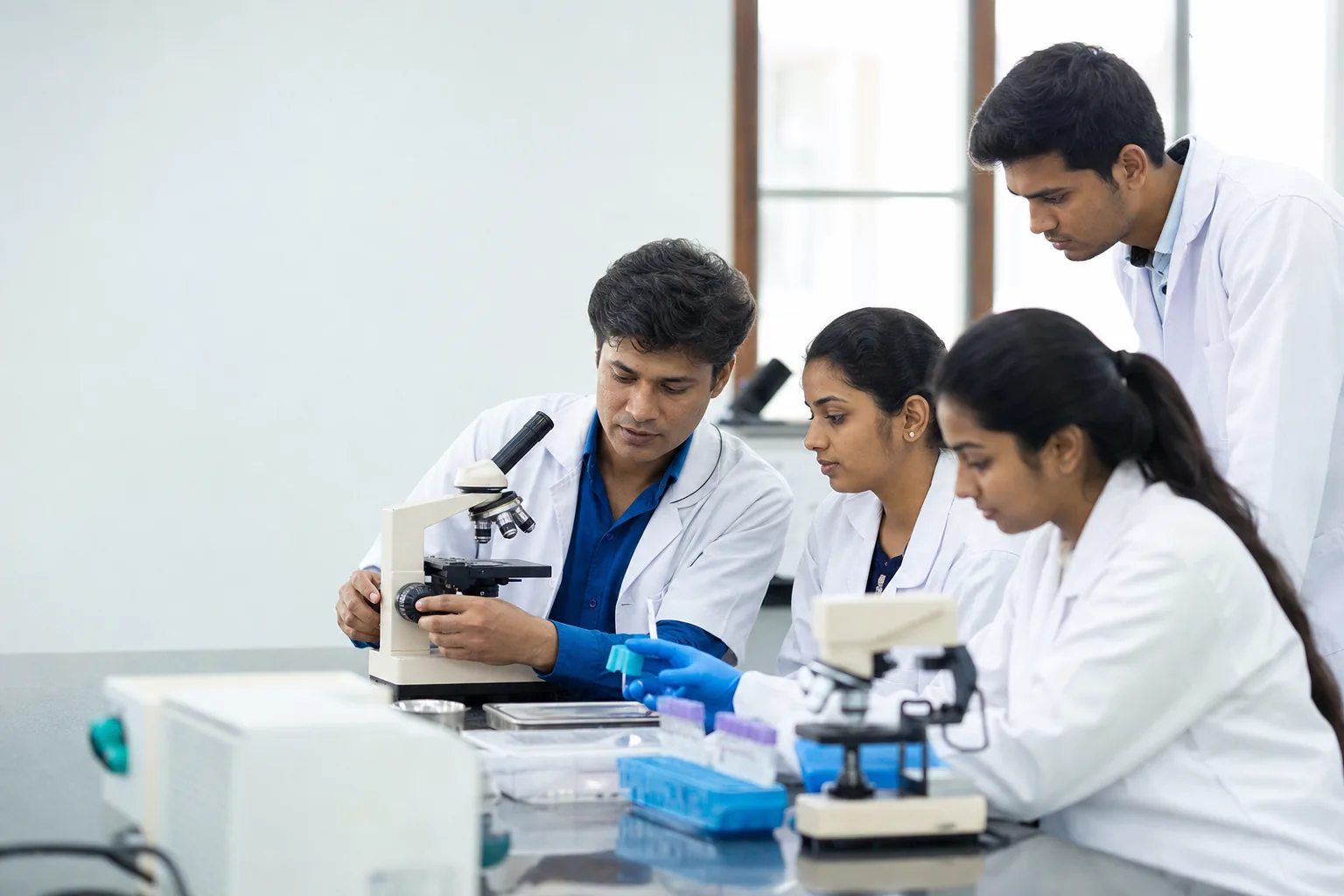Paramedical students learning laboratory techniques